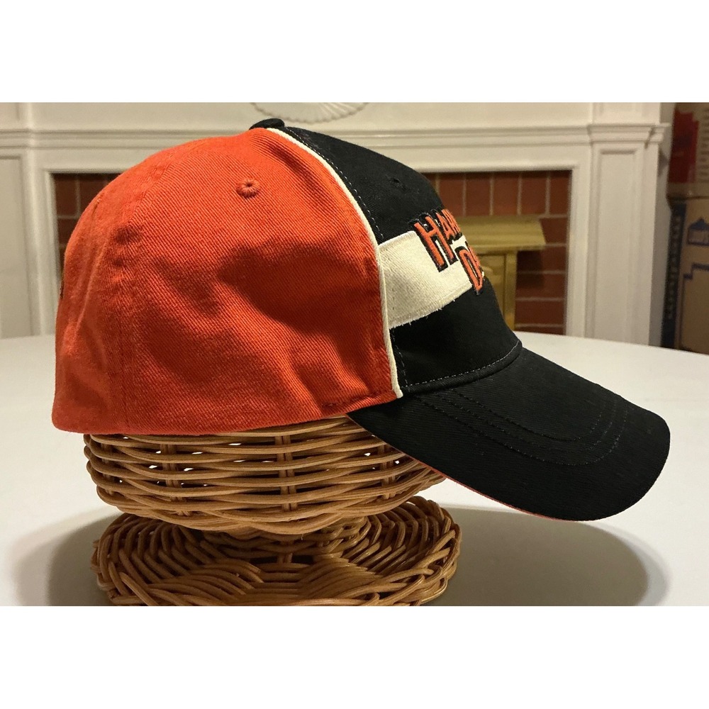 Harley Davidson Embroidered Biker Grunge Baseball Cap Hat Orange Black Mens L - Picture 4 of 7